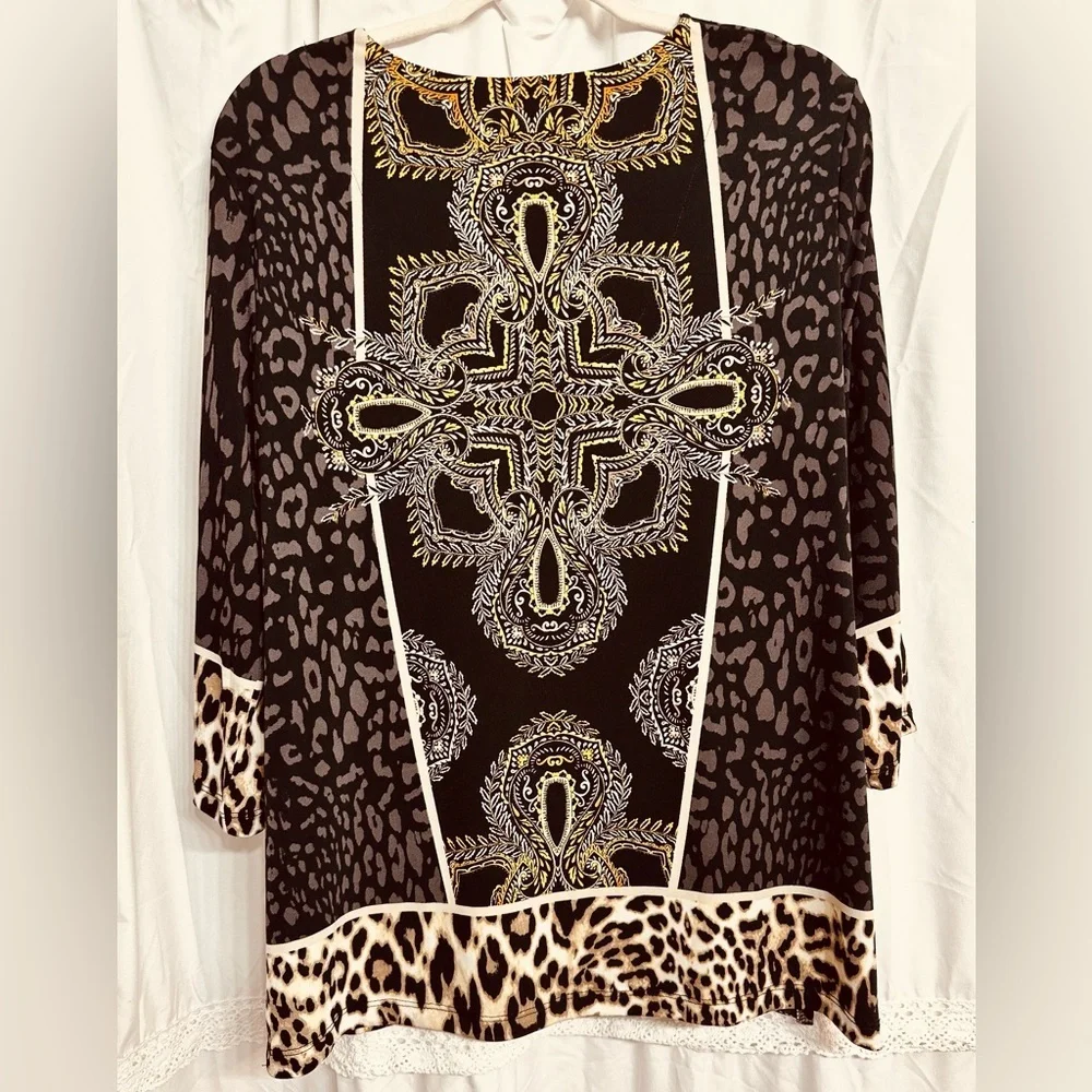 JM Collection Y2K Leopard-Panther Print w/Gold Chain Front Closure Blouse P/XL - Picture 9 of 11
